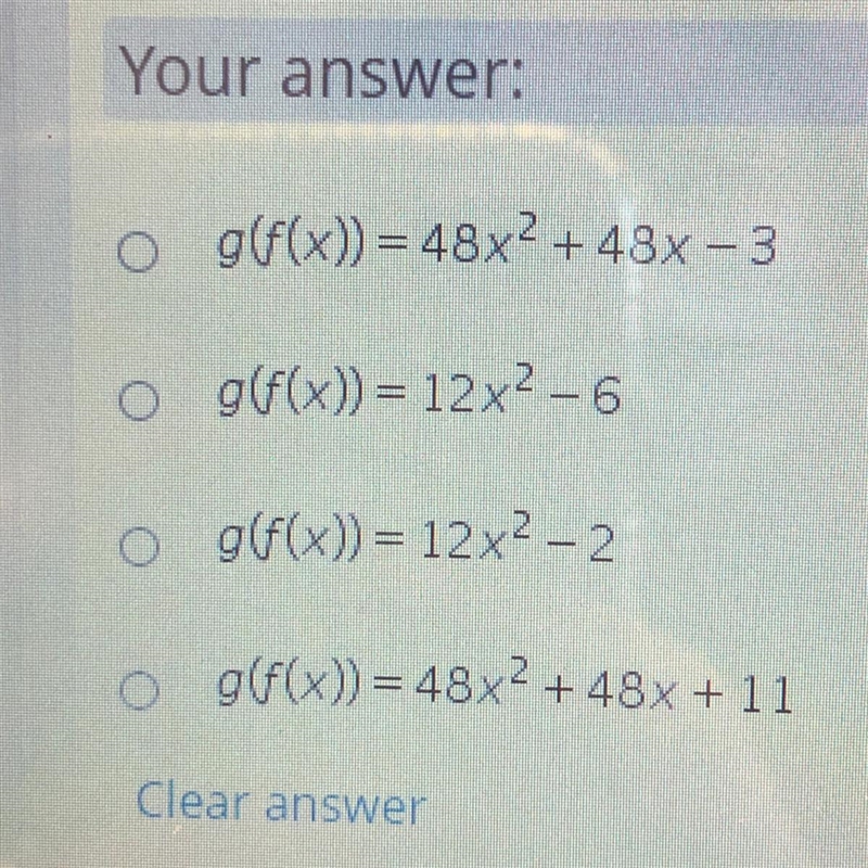 If f(x) = 3x^2- 1 and g(x) = 4x + 2, then what is g(f(x))?-example-1