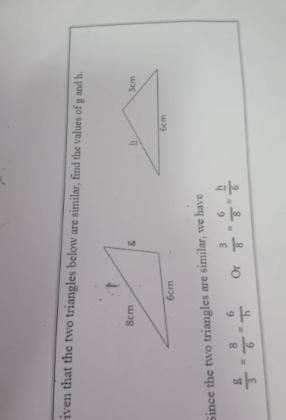 Given that the two triangles below are similar , find the values of g and h-example-1