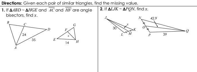 If ABD ~ HGE and AC and HF are angle bisectors, find x. And If LJK ~ PQN, find x.-example-1