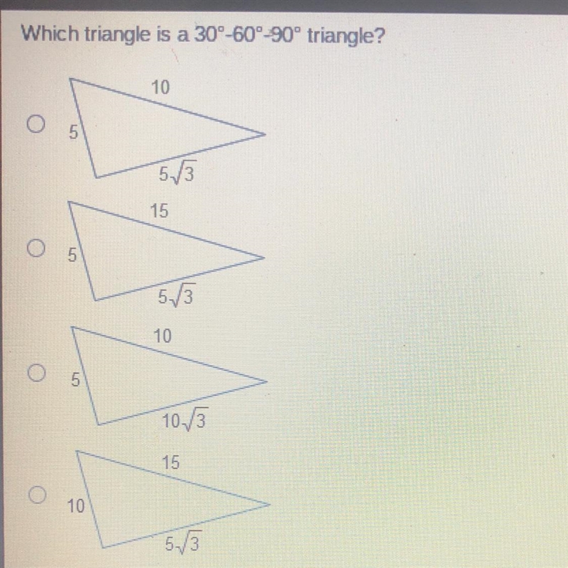 Which triangle is a 30 -60 -90 degree triangle?-example-1