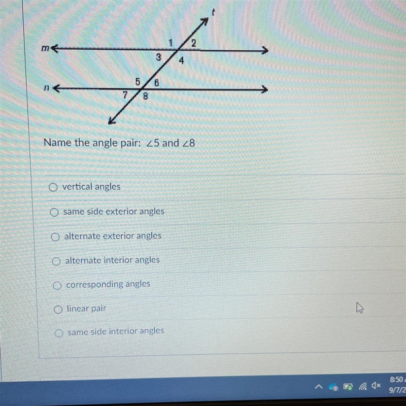 Question 6, name the angle pair 5 and 8 (In picture)-example-1