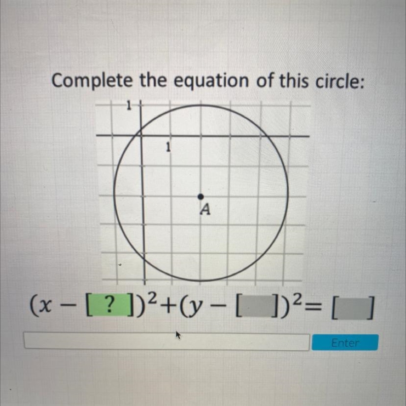 Complete the equation of this circle: А (x – [? ])2+(y - [ ])2= [ ]-example-1