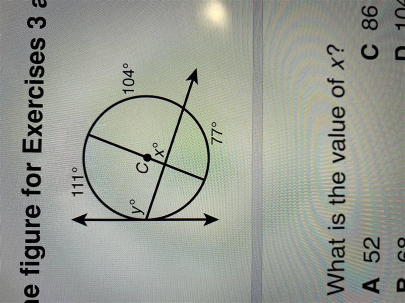 3. What is the value of x? A 52C 86 B 68 D 104-example-1