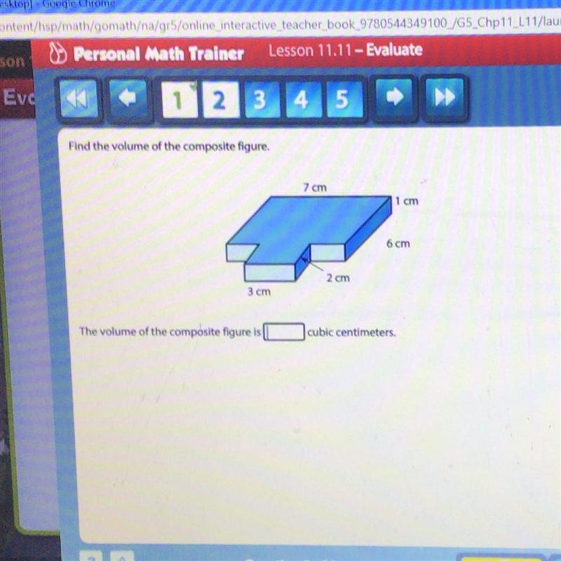 Find the volume of the composite figure. 7 cm 1 cm 6 cm 2 cm 3 cm The volume of the-example-1