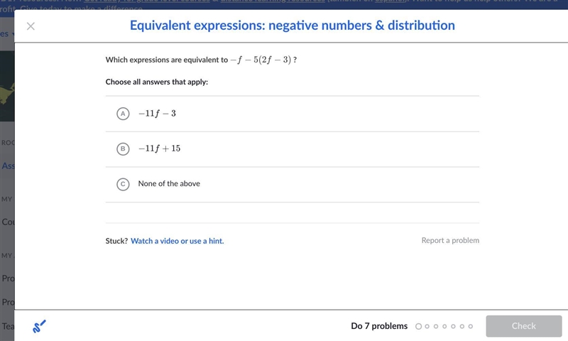 Which expressions are equivalent to -f-5(2f-3)?-example-1