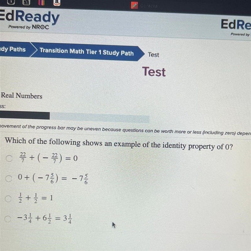 PLS HELP! which of the following shows an example of the identity property of 0?-example-1