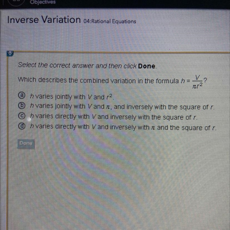 Which describes the combined variation in the formula h=V/pie r2-example-1