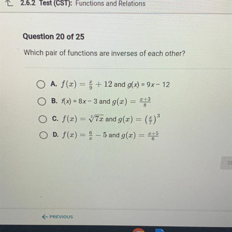 Please HELP Which pair of functions are inverses of each other? A. f(x) = 6 + 12 and-example-1