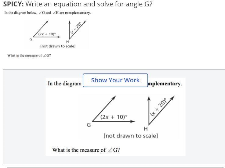 Write an equation and solve for angle G? Show work-example-1