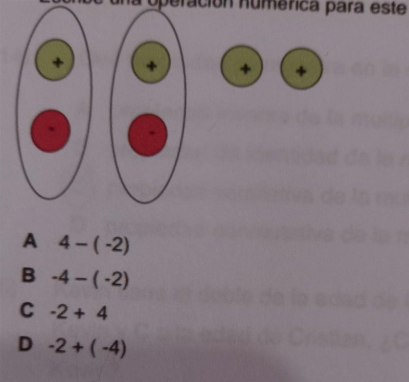 Escribe una operacion numérica para este modelo. A. 4-(-2) B. -4 - (-2) C. -2 + 4 D-example-1