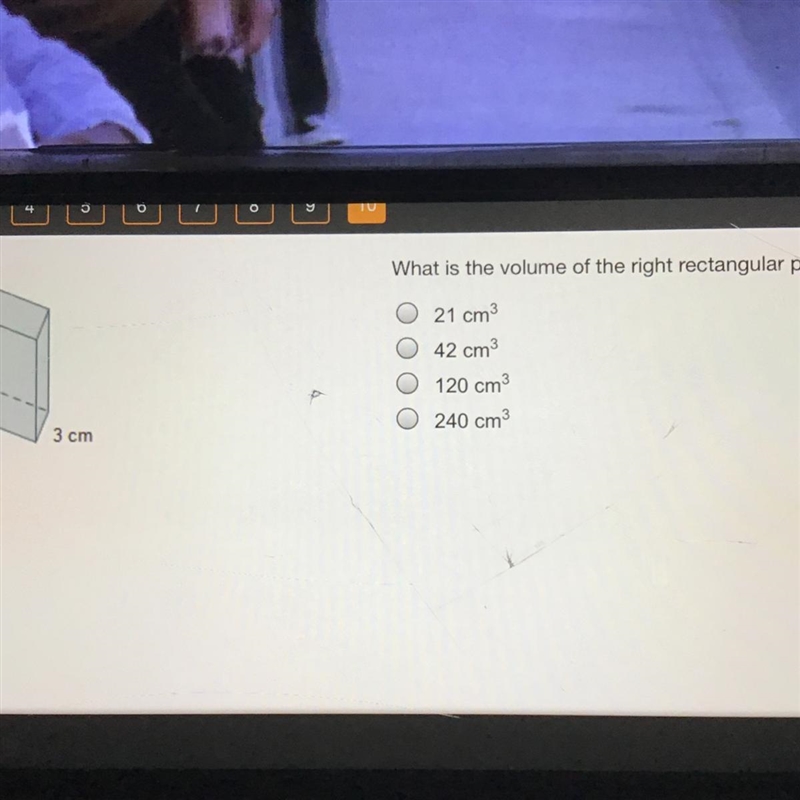 What is the volume of the right rectangular prism? a) 21cm^3 b) 42cm^3 c) 120cm^3 d-example-1