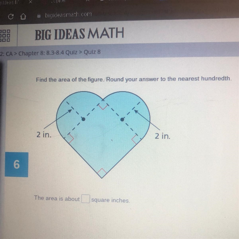 The area is about ____ square inches. ANYONE KNOW THIS!? I need the steps if possible-example-1