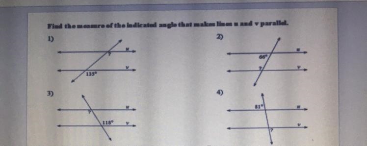 Find the measure of the indicated angle that makes lines u and v parallel. Please-example-1