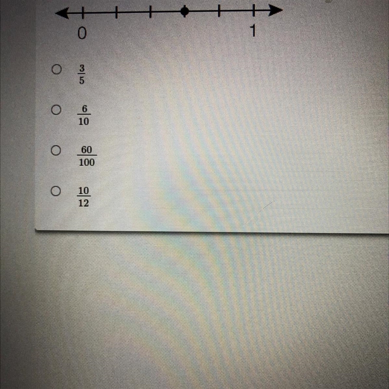 Which fraction is NOT equivalent to the point shown on the number line?-example-1