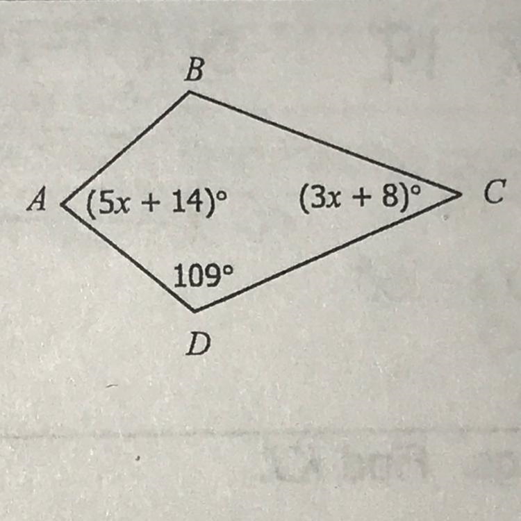 Solve for x. A = (5x+14)° B = (3x +8)°-example-1