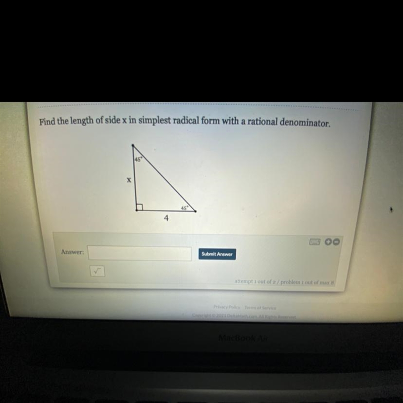 Help!! Picture added: Find the length of side x in simplest radical form with a rational-example-1