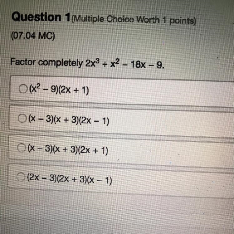 Factor Completely 2x^3 + x^2 - 18x - 9.-example-1