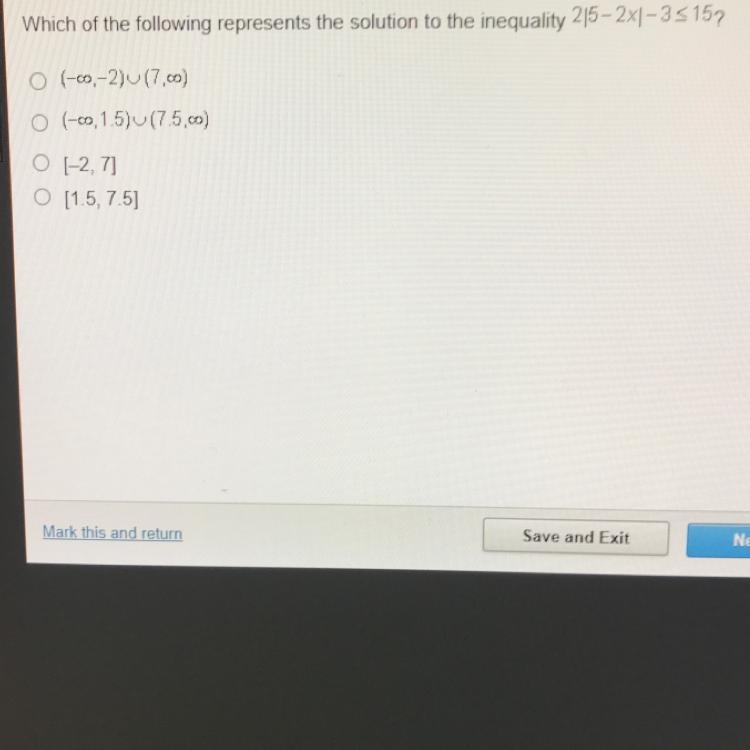 NEED HELP FAST! Which of the following represents the solution to the inequality 2| 5-2x-example-1