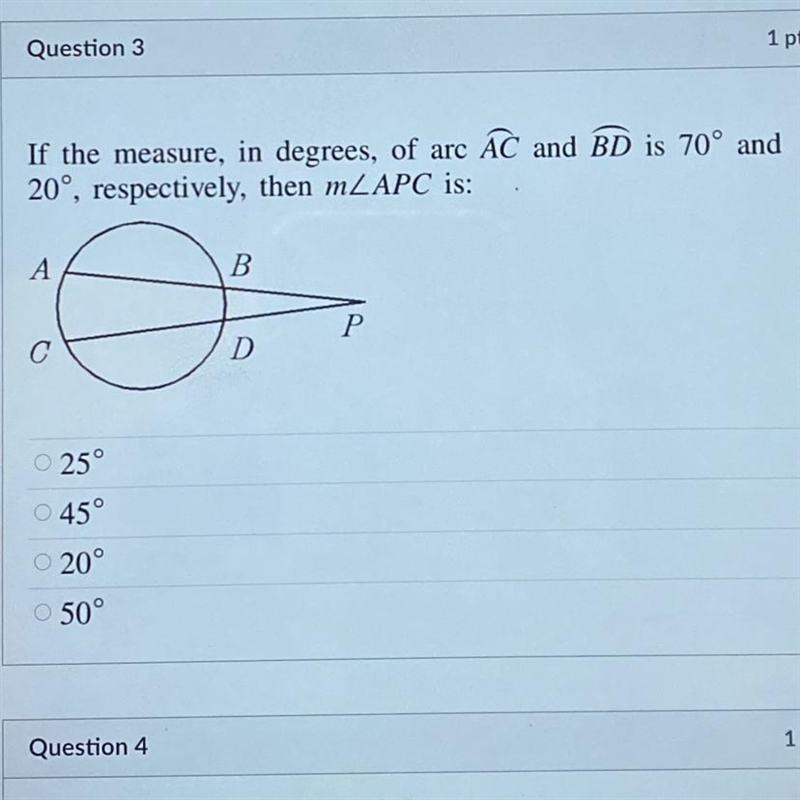 If the measure, in degrees, of arc AC and BD is 70° and 20°, respectively, then mLAPC-example-1