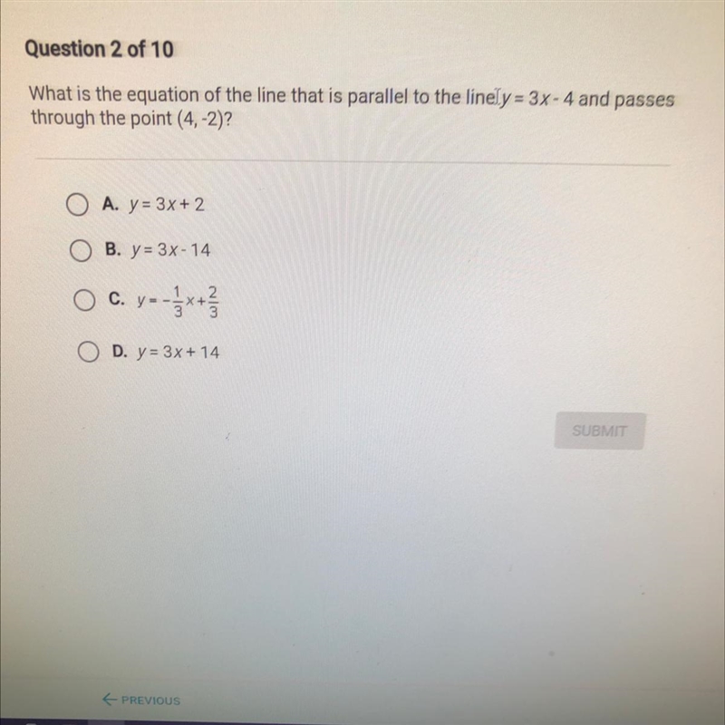 What is the equation of the line that is parallel to the line y = 3x - 4 and passes-example-1