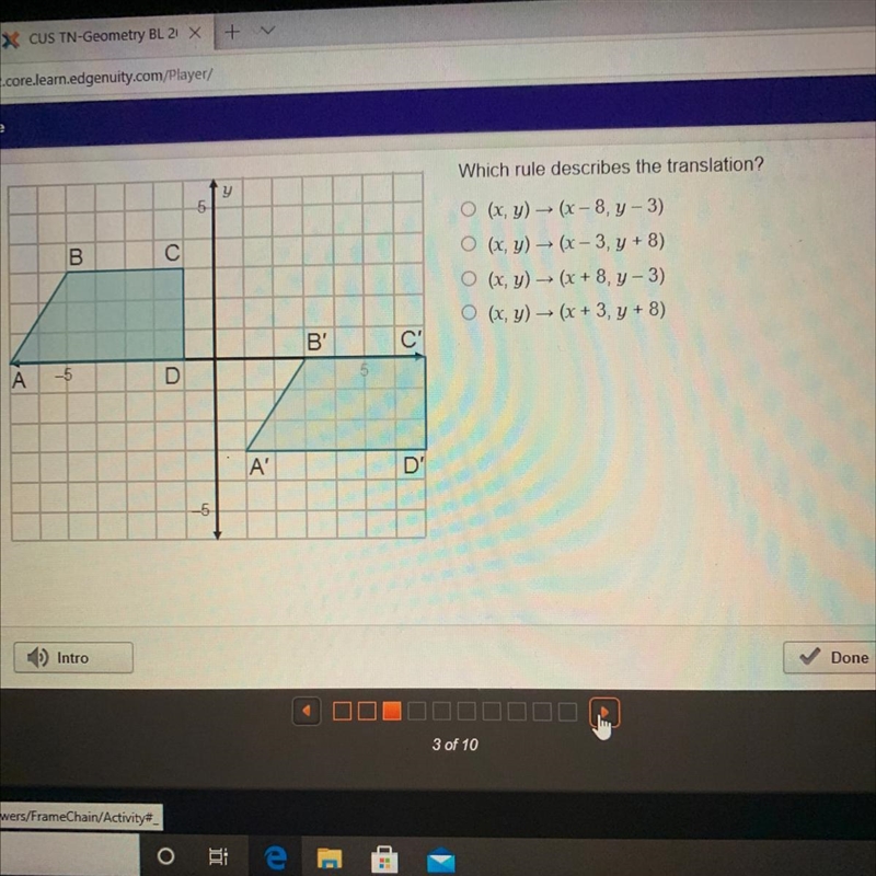 Which rule describes the translation? y 5 B C (x, y) + (x - 8,7-3) O(x, y) - (x - 3, y-example-1