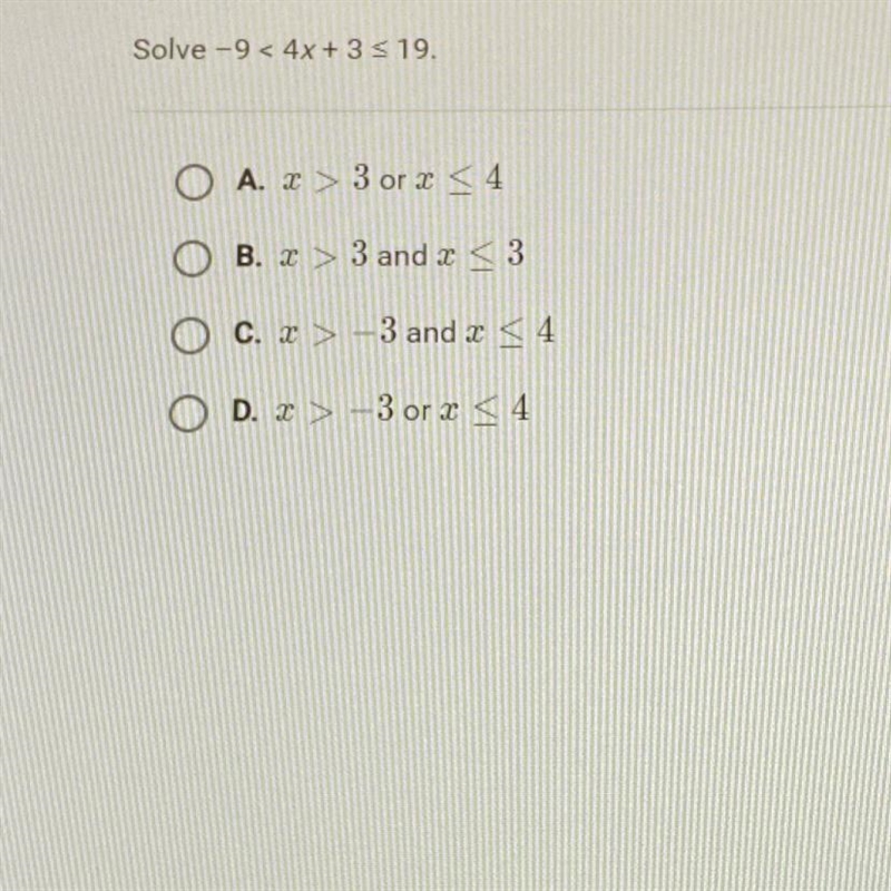 Solve -9 < 4x + 3 5 19.-example-1