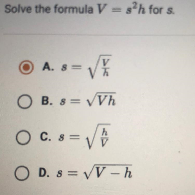 Solve the formula v=s^2h for s-example-1