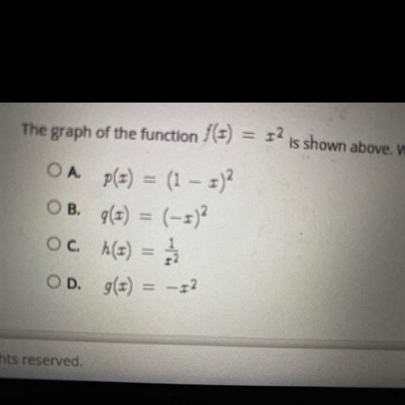 The graph of the function F(x)= x2 is shown above. Which of the functions below would-example-1