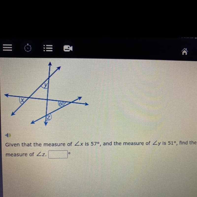 Given that the measure of X is 57° and the measure of y is 51° find the measure of-example-1