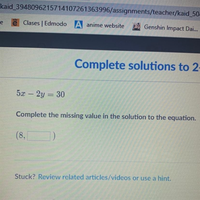 52 – 2g = 30 Complete the missing value in the solution to the equation. (8. )-example-1