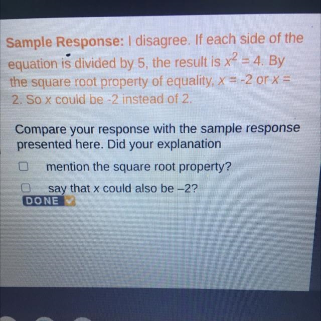 A student says that if 5x2 = 20, then x must be equal to 2. Do you agree or disagree-example-1