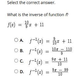 What is the inverse of function f? f(x)=10/9+11-example-1