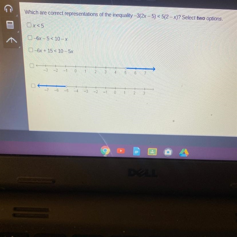 Which are correct representations of the inequality -3(2x-5) <5(2 - x)? Select-example-1