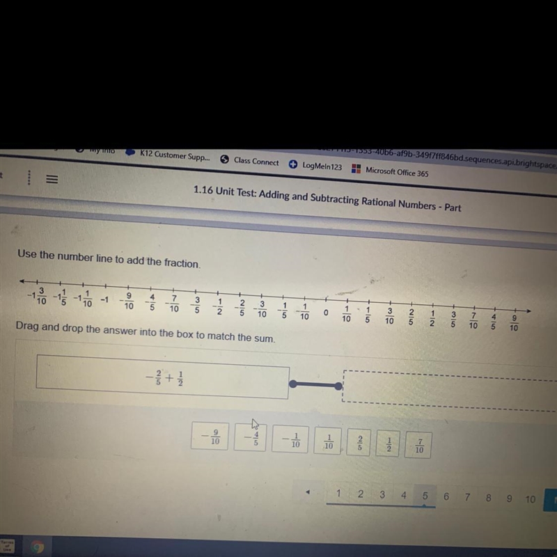 Use the number line to add the fraction -2/5 + 1/2-example-1