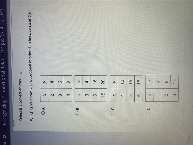 Which table shows a proportional relationship between x and y ?-example-1