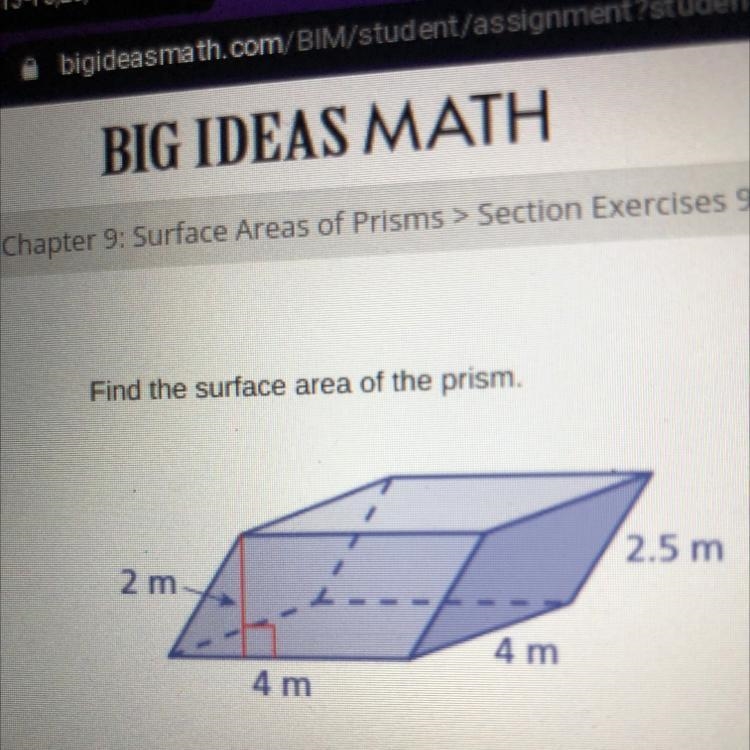 Find the surface area of the prism, 2.5 m 2 m 4 m 4 m-example-1