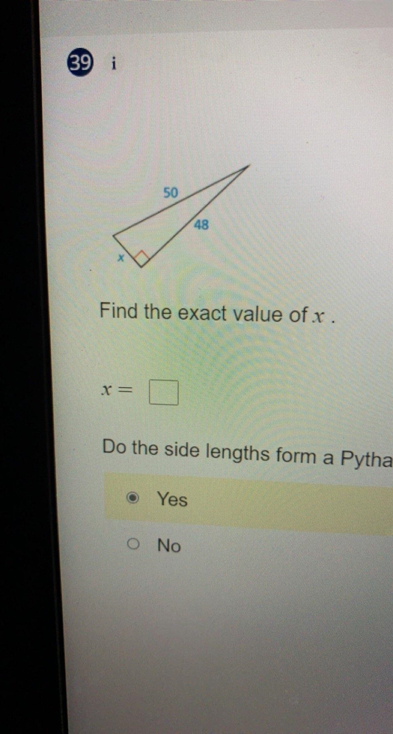 Find the exact value of x . x = ? Do the side lenghts form a Pythagorean triple?-example-1