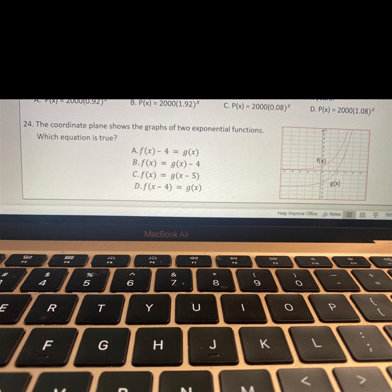 The coordinate plane shows the graphs of two exponen functions which equation is true-example-1