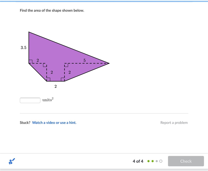 Find the area of the shape shown below.-example-1