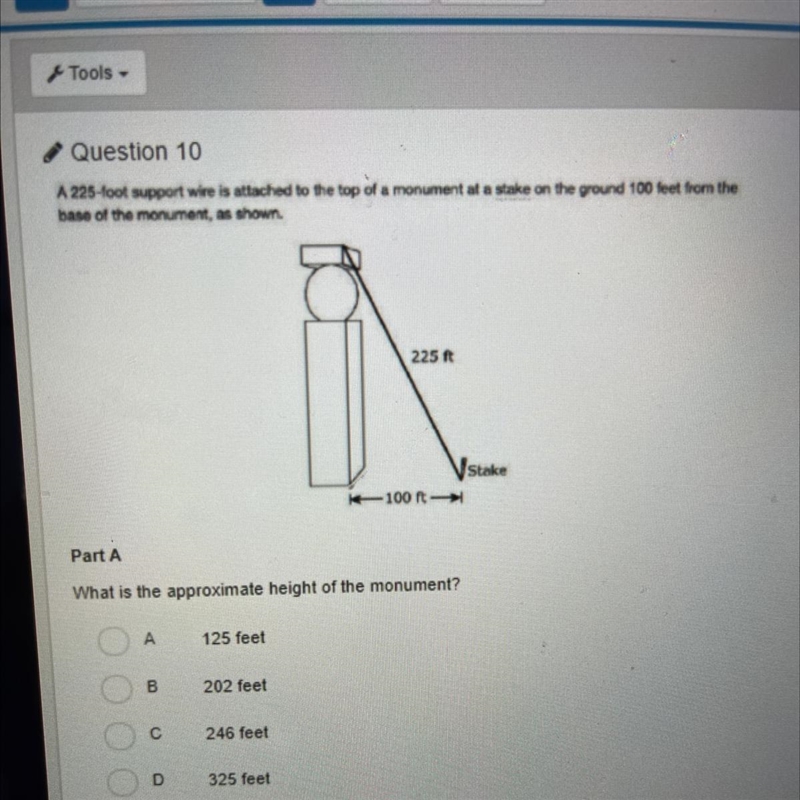 A 225-foot support wire is attached to the top of a monument at a stake on the ground-example-1