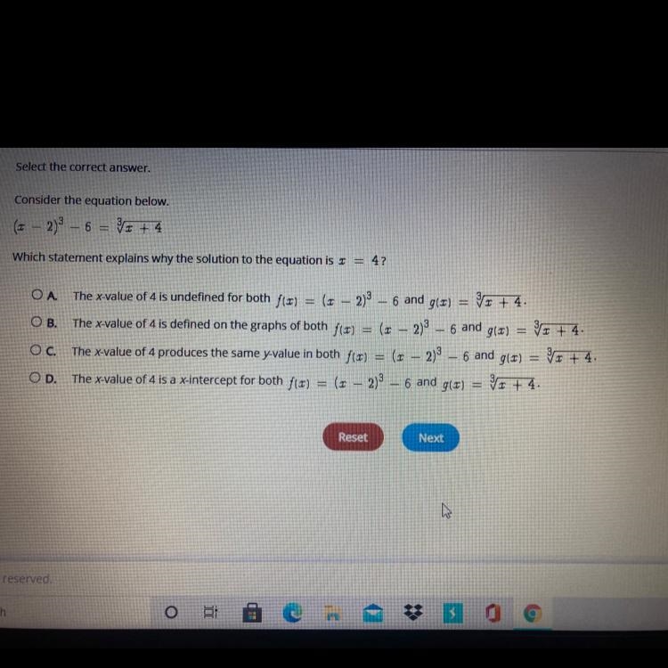 Which statement explains why the solution to the equation is x=4-example-1