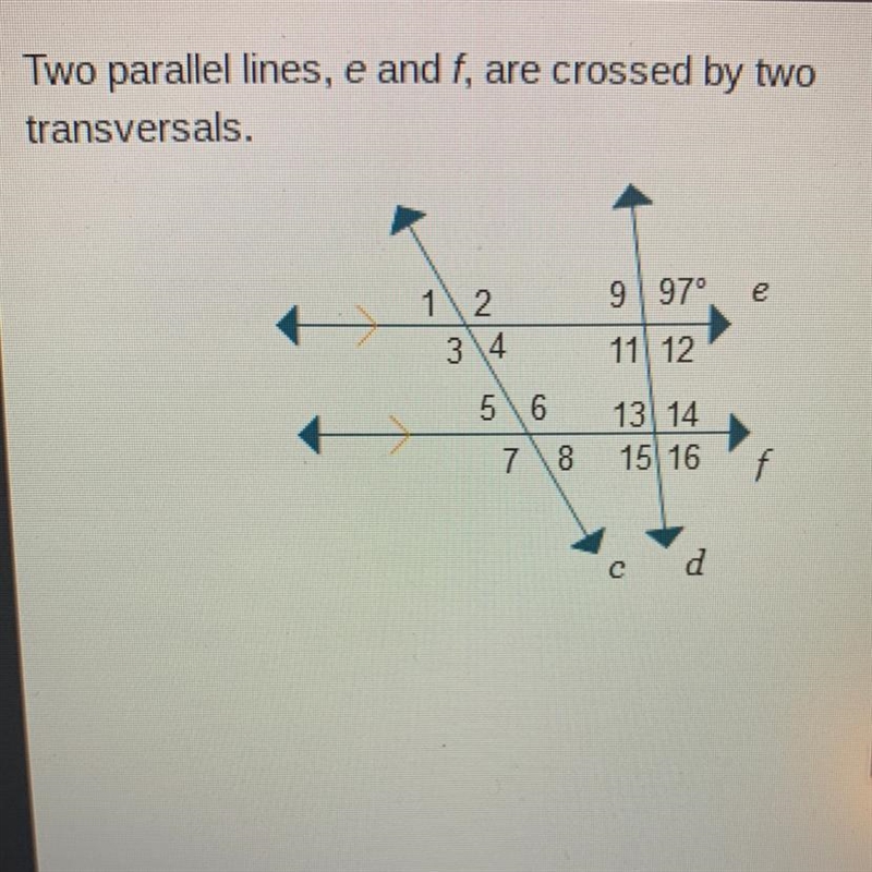 Two parallel lines, e and f, are crossed by two transversals. What is the measure-example-1