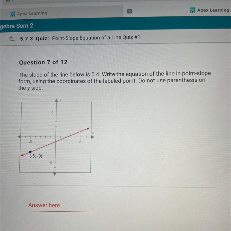 The slope of the line below is 0.4. Write the equation of the line in point-slope-example-1