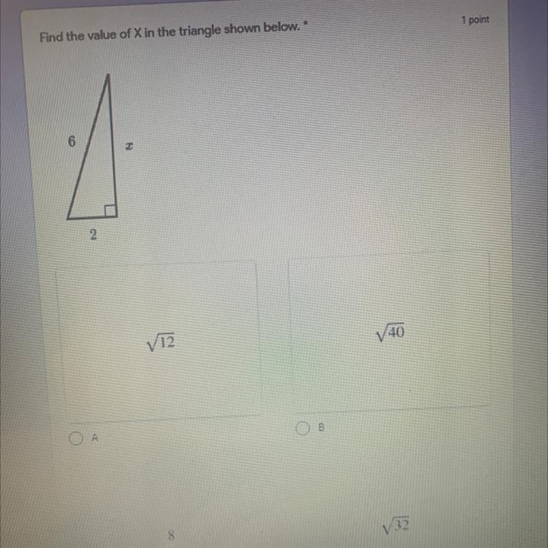 Find the value of X in the triangle shown below. 6 2 V12 V40 8 V32-example-1