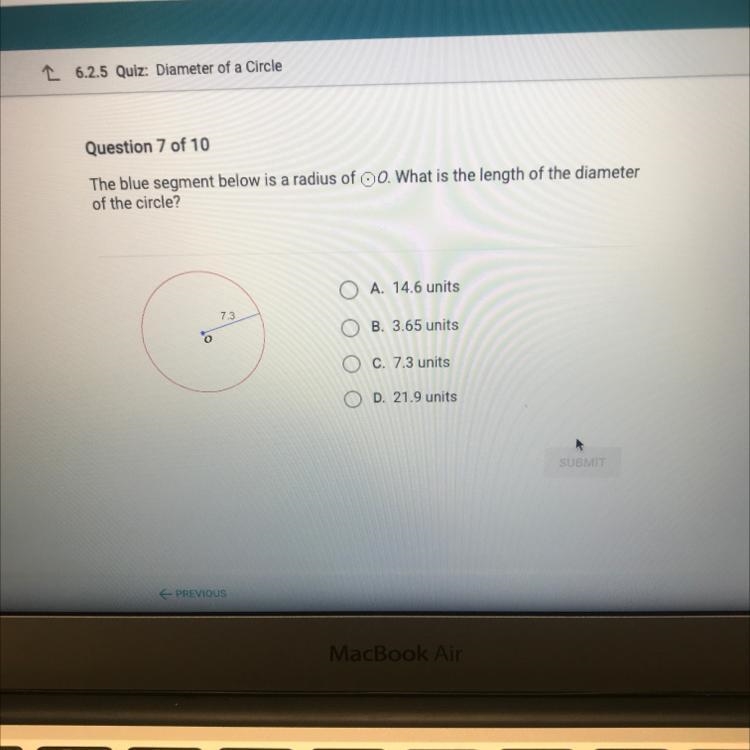 The blue segment below is a radius of 0. What is the length of the diameter of the-example-1