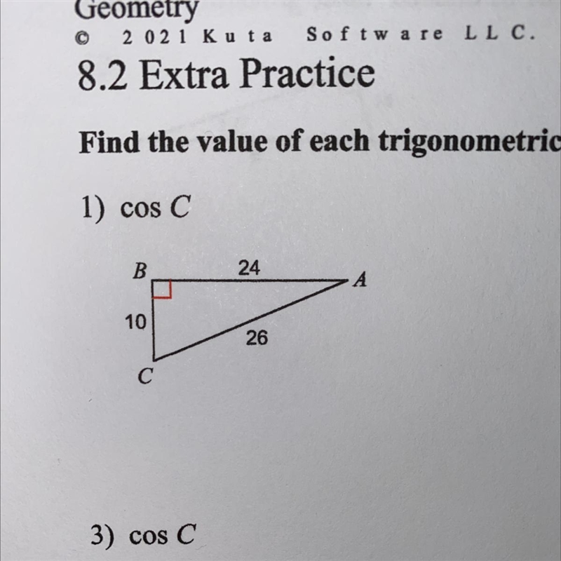 Find the value of each trigonometric ratio. Cos C Help please-example-1