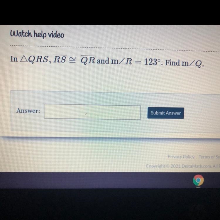 In triangle QRS, RS = QR and m/_ R = 123 degrees. find m/_ Q-example-1