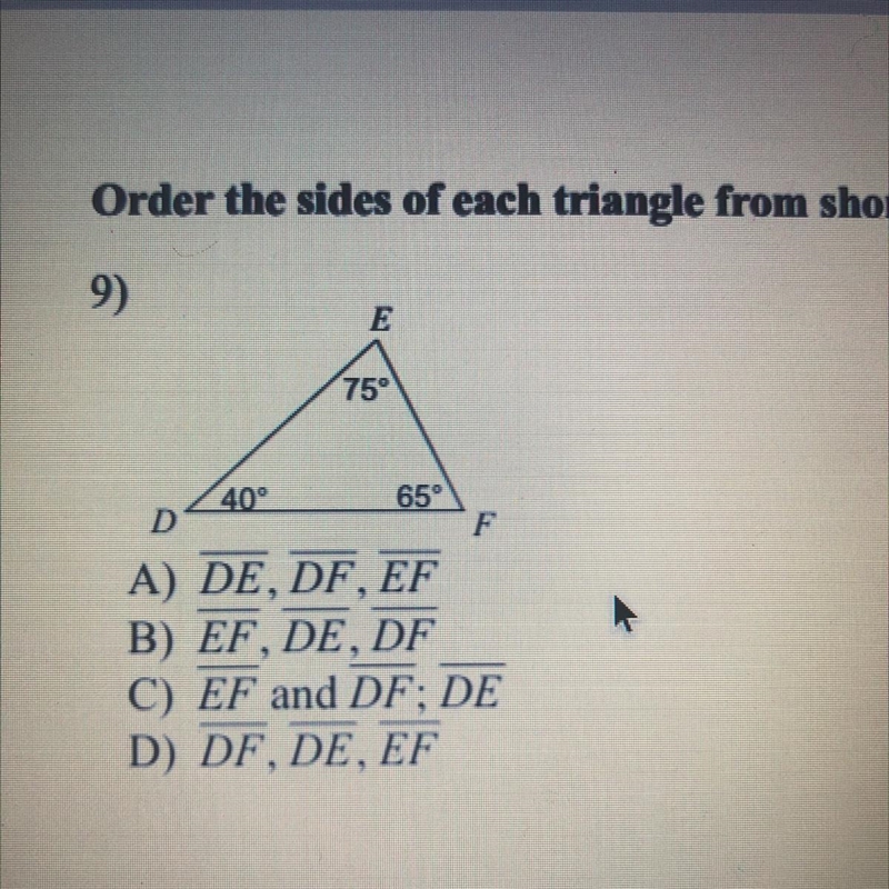 Order the sides of each triangle from shortest to longest-example-1