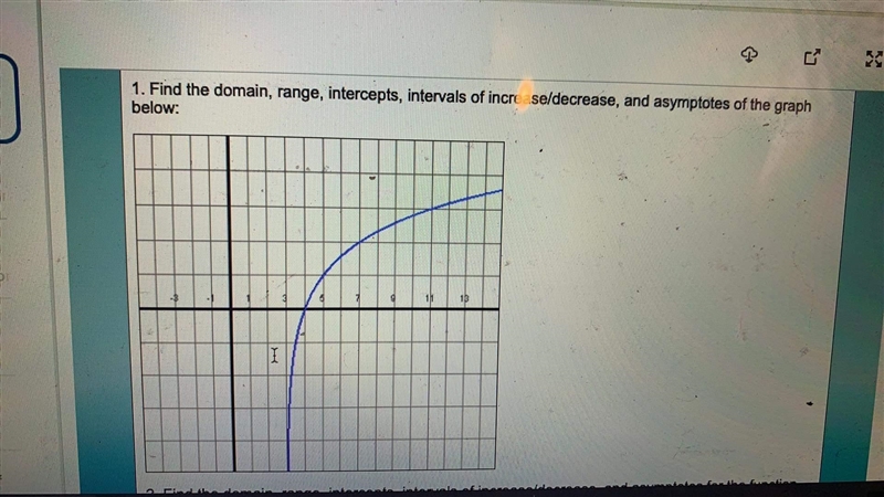 Find range,domains, intercepts, interval of increase decrease and asymptotes of graphs-example-1