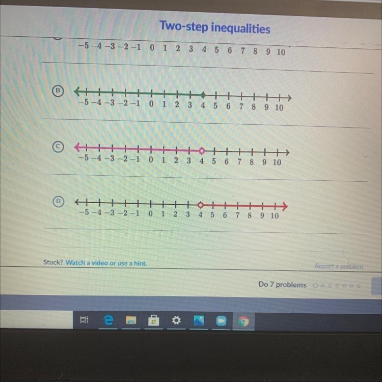 Which graph represents the solution set of this inequality? 119 +5 < 49 Choose-example-1